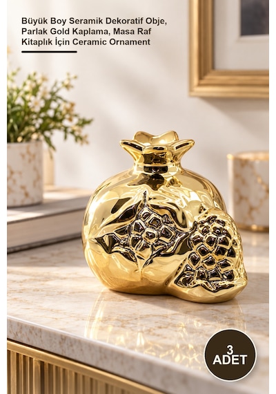 3 Adet Dokulu Taçlı Nar Biblo Büyük Boy Seramik Dekoratif Obje, Parlak Gold Kaplama, Masa Raf Kitaplık İçin Ceramic Ornament 1