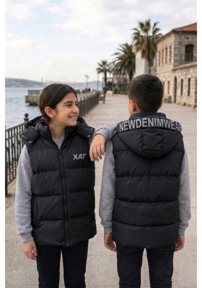 Pina Kids Unisex Çıtçıt Kapüşonlu Baskılı Şişme Yelek Siyah