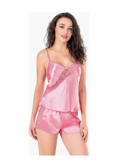 Linabloom Kadın Koyu Pembe Saten Babydoll Şort Takımı