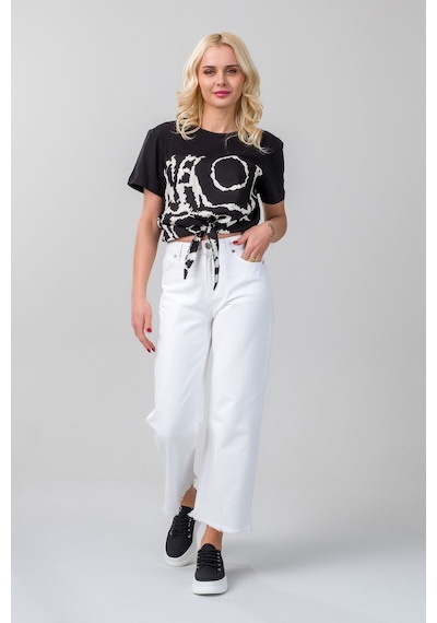 Kadın Bağlamalı Baskılı Viskon Kombinli Likralı Örme Kumaş Sıfır Yaka Tshirt Siyah Kadın Bağlamalı Baskılı Viskon Kombinli Likralı Örme Kumaş Sıfır Yaka Tshirt Siyah