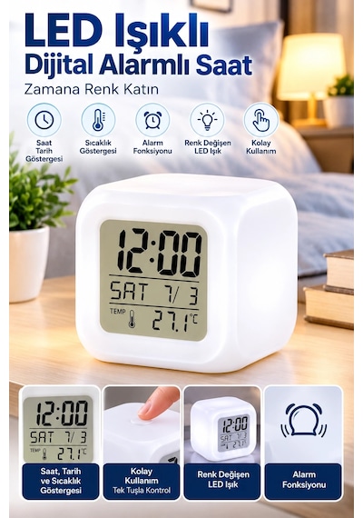 Led Aydınlatmalı Küp Saat Dijital Alarm Tarih Ve Sıcaklık Göstergeli Diğer