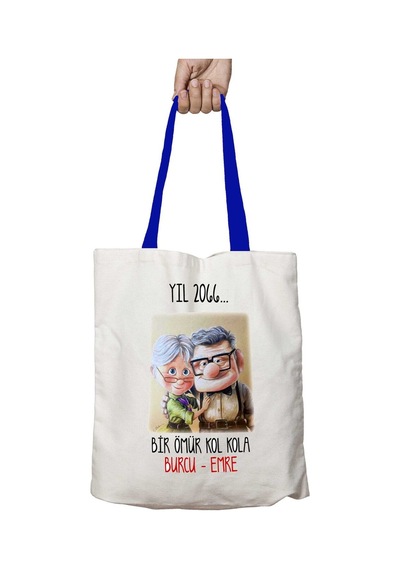 Art Hediye Mavi Kulplu Yıl 2066 Bir Ömür Kol Kola Yıkanabilir Omuz Çanta Çok Renkli