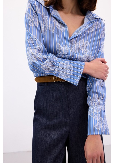 Sateen Geniş Manşetli Gömlek - Mavi-136905 Mavi