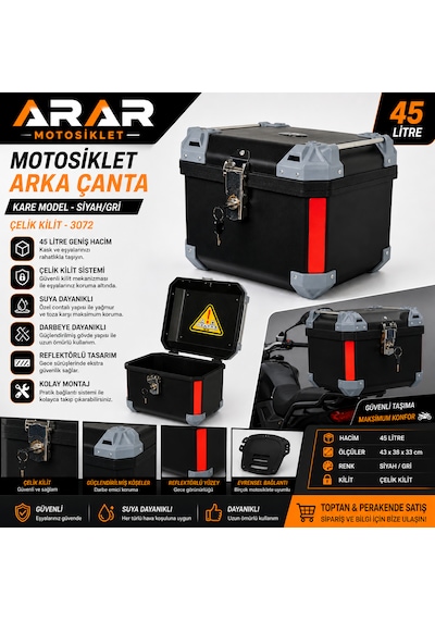 Motosiklet Arka Çanta Kare Bgc Siyah-gri 45 Lt Çelik Kilit-3072