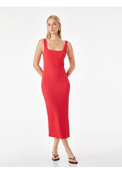 Koton Koton X Sibil Çetinkaya - Kare Yaka Kalın Askılı Bodycon Uzun Kalem Elbise Kırmızı 6sak80080uk