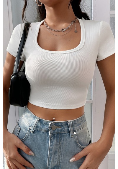 Fantezia Night Kadın Kahverengi Yarım Kol Düz Yaka Crop Top Bluz BEYAZ