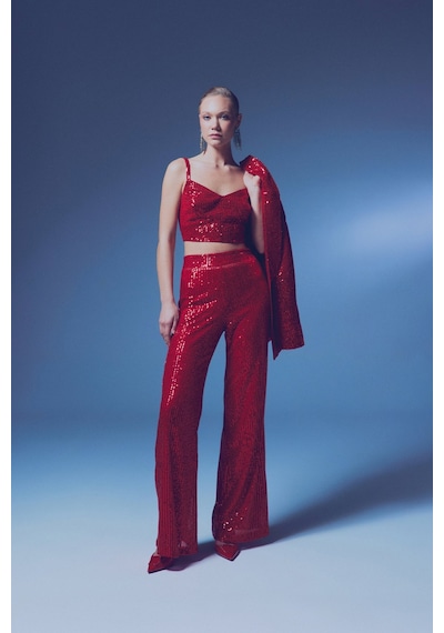 Sateen Kalın Askılı Payet Crop - Kırmızı-135341 Kırmızı