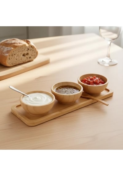 Doğal Bambu Standlı 3'lü Yuvarlak Sosluk Ve Çerezlik Seti 20x6,5 Cm - Kahvaltılık İkramlık Takımı Diğer