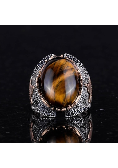 Doğal Cabochon Kaplan Gözü Taşlı Yüzük, 925k Sert Gümüş Erkek Yüzüğü, Cesur Tasarım Gümüş