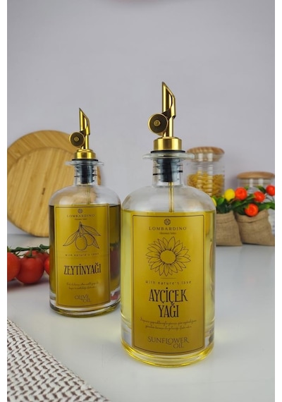 Digithome Lombardino 2'li Zeytinyağı Ve Sıvıyağ Şişesi Otomatik Kapaklı Gold Etiketli Yağdanlık 500 Ml