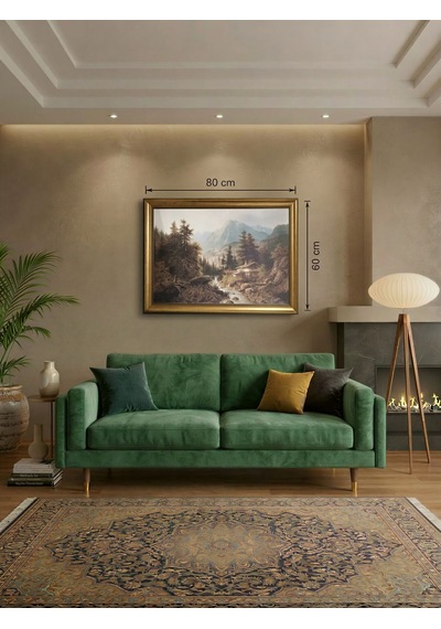 Klasik Gold Çerçeveli Dağ Manzaralı Tablo Orman Ve Dere Lüks Salon Duvar Dekoru 80x60 Cm