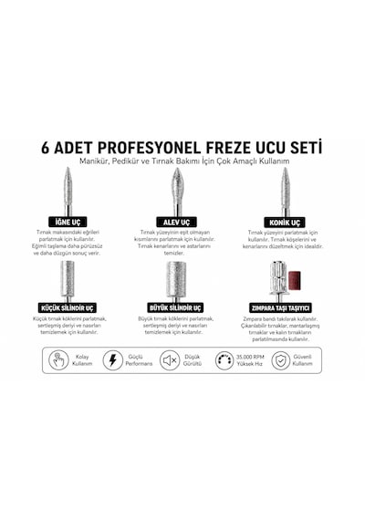 Elektirikli Törpü Makinesi Profesyonel Manikür Protez Tırnak Törpü Ayak Pedallı 6 Uçlu 6 Zımparalı