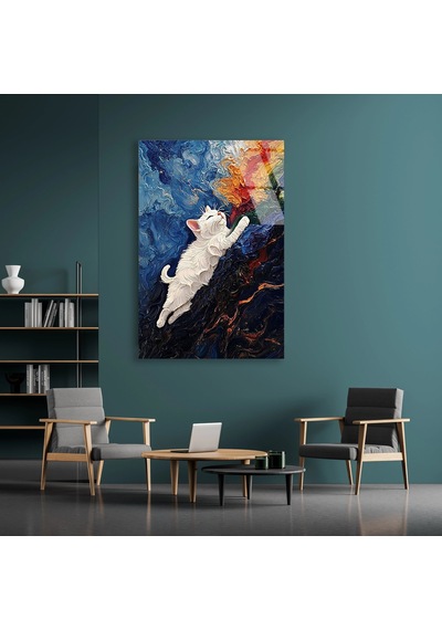 Beyaz Kedi Tırmanıyor - Cam Tablo - Deg1533 70 X 110 Cm