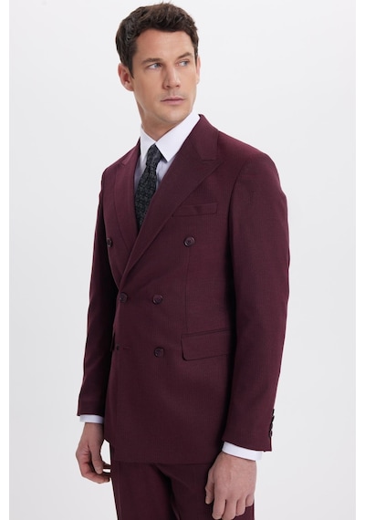 Tudors Erkek Slim Fit Sivri Yaka Çizgili Kapaklı Cepli Bordo Takım Elbise-41959 Bordo