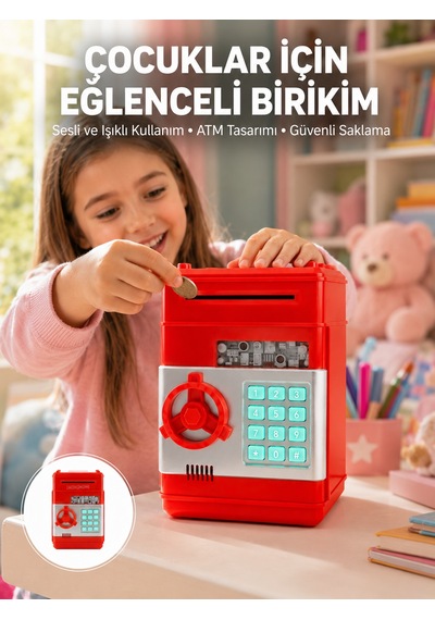 Kırmızı Atm Kasa Tipi Para Biriktirme Kumbarası - Lisinya