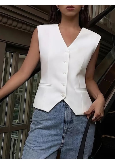 Tua Moda Kadın Sıfır Kollu Önden Düğmeli Atlas Yelek Beyaz