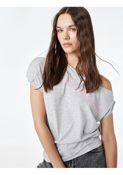Koton Viskon Karışımlı Slim Fit Kısa Kollu Omzu Açık Baskılı Tişört Kar Melanj 6sal10912ık Gri Melanj