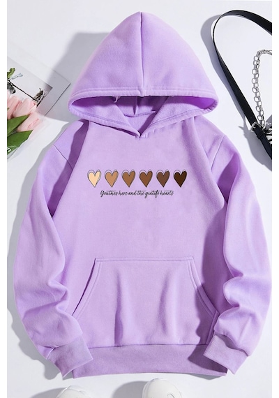 Uyguntarz Unisex Kalp Baskılı Oversize Sweatshirt Lila