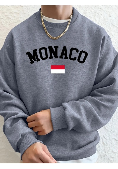 Startmore Tarzsokak Monaco Bayrağı Baskılı Erkek Kapüşonlu Sweatshirtleri Sonbahar Kış Polar Sıcak Sweatshirtler Gri