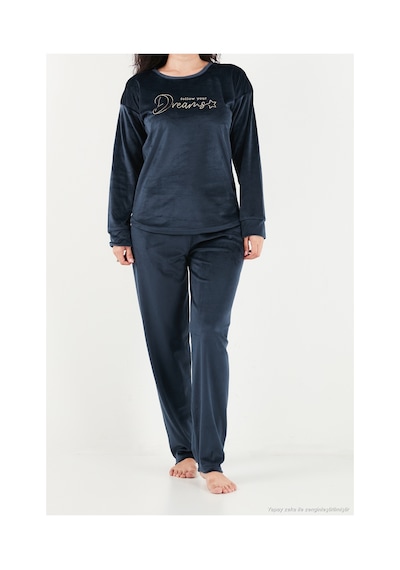 Lela Bisiklet Yaka Yumuşak Dokulu Parlak Kadife Pijama Takımı Kadın Pijama Takımı 6094209 Lacivert
