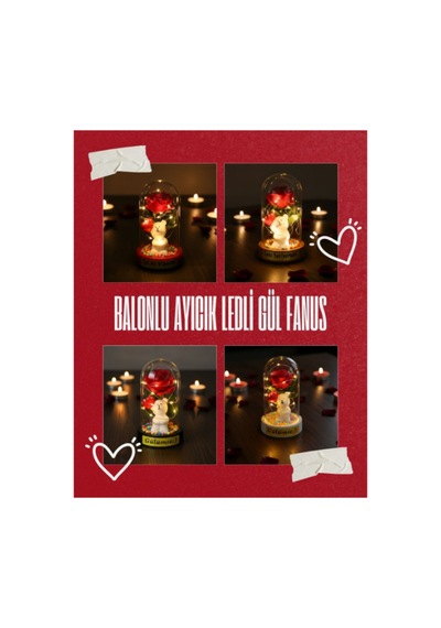 Balonlu Ayıcık Ledli Gül Fanus Çok Renkli