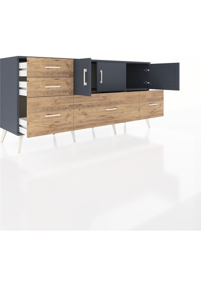 Hyperion Konsol 2 Raflı 5 Çekmeceli 3 Kapaklı 176x44x83 Antrasit-antrasit/çam Antrasit/çam