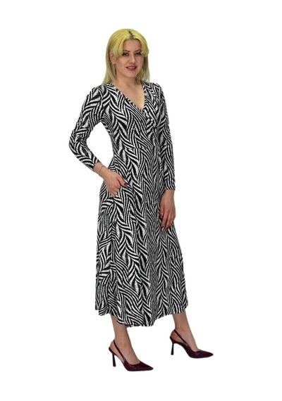 Kadın Viskon Zebra Desenli V Yaka Elbise Bgl-st03535 001
