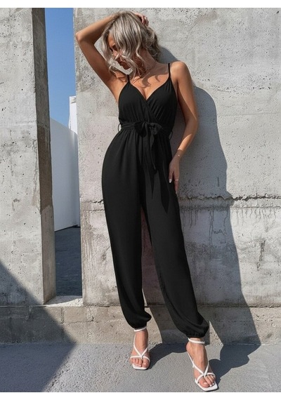 Efnaz Style Kadın Ip Askılı Kruvaze Yakalı Belden Kuşaklı Uzun Sandy Tulum Siyah