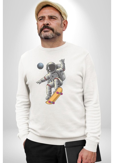 Atronot Kaykay Uzay Mars Unisex Beyaz Baskılı Sweatshirt Beyaz