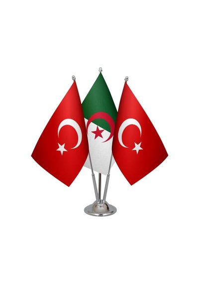 Masa Üstü Cezayir Bayrağı Türk Bayrağı Üçlü Krom Direk Masa Bayra