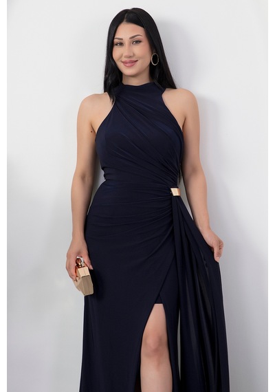 Kalopya Halter Yaka Drapeli Tokalı Abiye Elbise Ecr5862 Lacivert