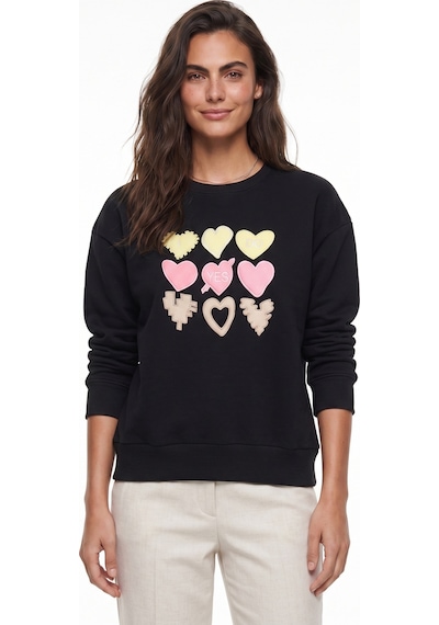 Onloox Kadın Siyah Siyah Pamuklu Bisiklet Yaka Şardonlu Üç İplik Kalp Nakış Detaylı Sweatshirt