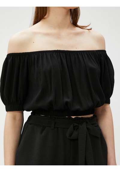Koton Crop Bluz Omzu Açık Lastikli Siyah 3sak60010pw Siyah