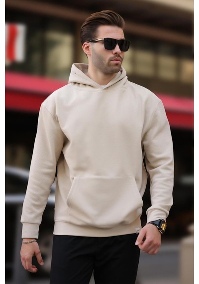 Madmext Bej Kapüşonlu Cep Detaylı Sweatshirt 7095 Bej