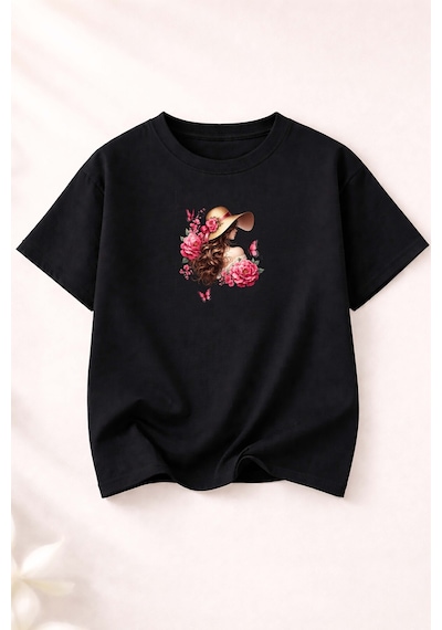 Herkesemoda Güllü Kadın Temalı Baskılı Kadın Bisiklet Yaka Pamuklu T-shirt Siyah