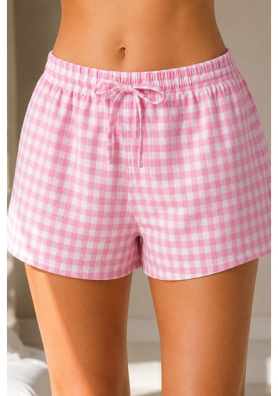 Siyah İnci 2'li Mevsimlik İnce Örme Şortlu Pijama Altı 8064 Pembe Sarı Ekose