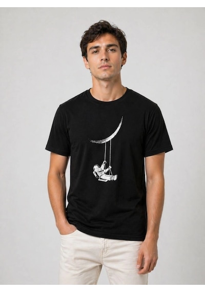 Barlashive Erkek Astronot Ay Temalı Tişört Kısa Kol Yazlık Bisiklet Yaka T-shirt - Siyah Çok Renkli