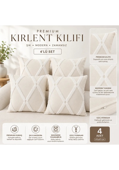 Premium Kırlent Kılıfı 4'lü Set 43x43 Cm Bej-beyaz