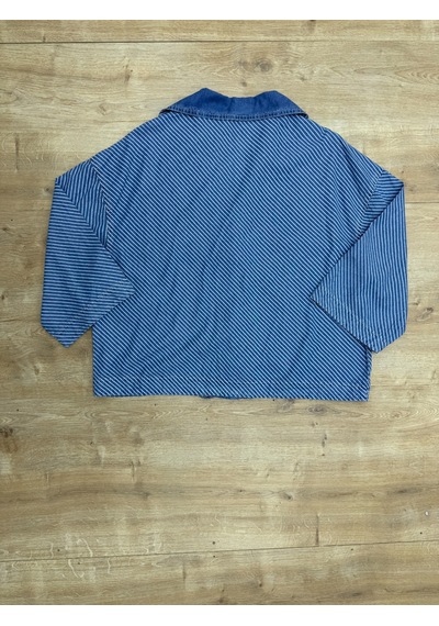 Büyük Beden Yakalı Geniş Kol Detaylı Düğmeli Çizgi Desenli Denim Kadın İkili Takım Mavi