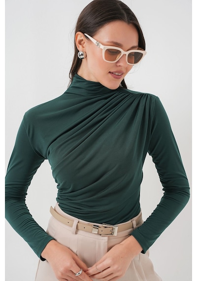 Hiccup Bdart Drape Detaylı Vücuda Oturan Dik Yaka Bluz Zümrüt Yeşili