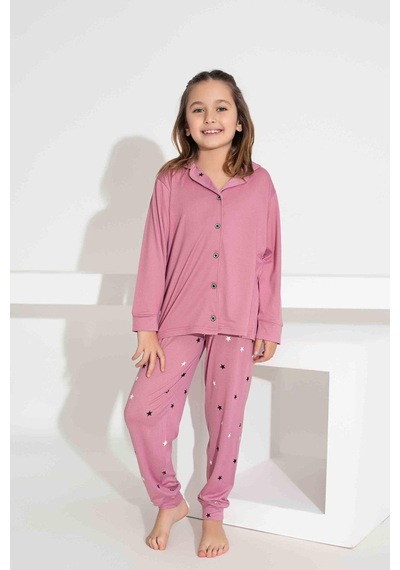 Kız Çocuk Yakası Kalp Desenli Düğmeli Uzun Kollu Pijama Takımı-961 Pembe