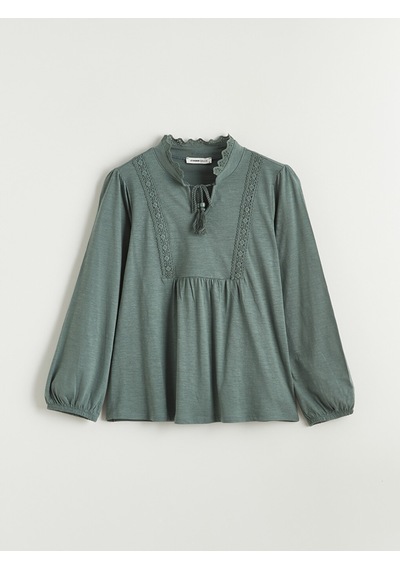 Lcw Grace Yeşil Bağlamalı Yaka Nakışlı Büzgülü Bluz