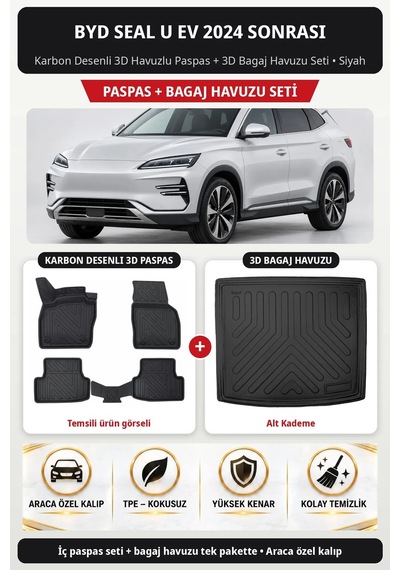 Byd Seal U Ev 2024+ Araca Özel Karbon Desenli 3d Paspas Bagaj Havuzu Set Alt Kademe Siyah