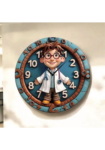 Doktor Eczacı Renkli Baskı Desenli Sayılı Hediyelik Ahşap Sessiz Tablo Duvar Saati 30 Renkli
