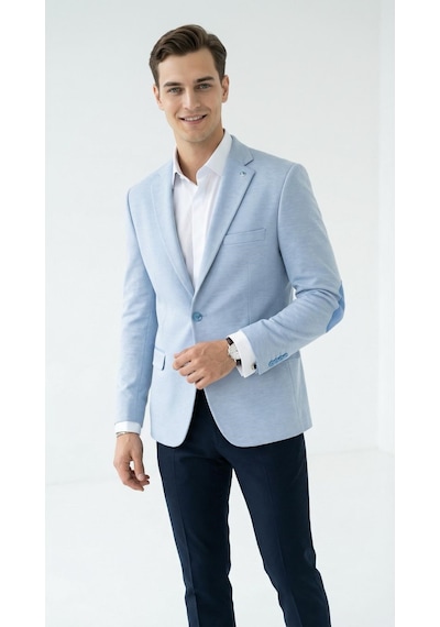 Plus Scorpion Erkek Kolu Yamalı Blazer Ceket Bebe Mavi Renk, İtalyan Kesim Şık Ve Modern Tasarım Bebe Mavisi