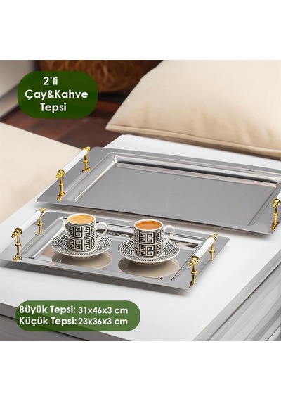 Tr Saray 2'li Paslanmaz Çelik Kahve Tepsisi Dikdörtgen Gümüş Tepsi Gold Beyaz Detaylı Dekoratif Servis Sunum Tepsi Genel