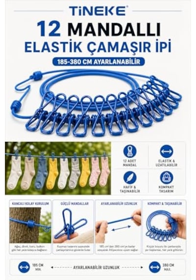 Tineke 12 Mandallı Taşınabilir Elastik Çamaşır İpi 185-380 Cm Ayarlanabilir Kamp, Seyahat Ve Balkon İçin Diğer
