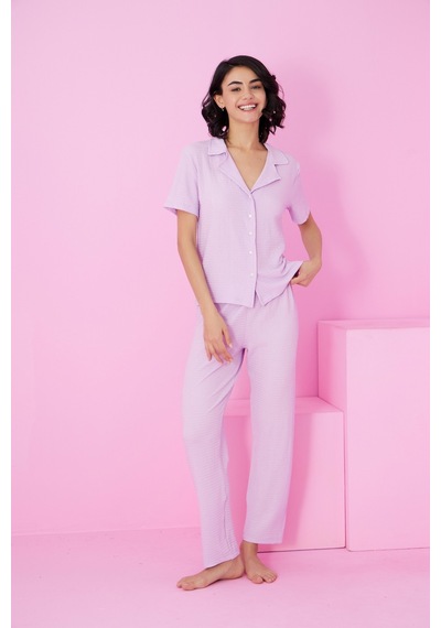 Siyah İnci Bürümcük Krınkıl Kumaş Örme Düğmeli Pijama Takım7873 Lila