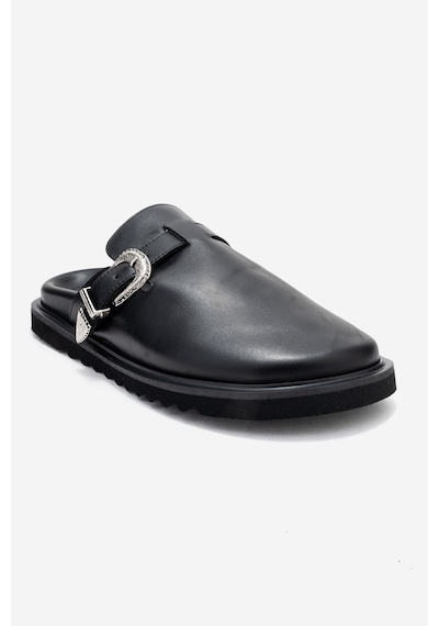 Luvishoes Luvi Shoes Vesta Siyah Cilt Tokalı Hakiki Deri Kadın Burnu Kapalı Terlik Siyah