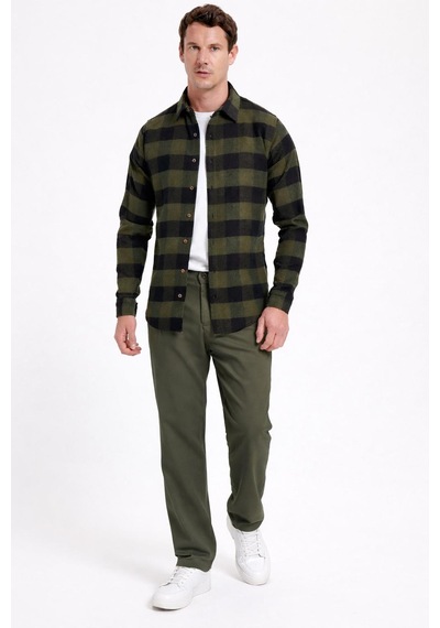 Tudors Erkek Slim Fit Dar Kesim Kareli Kışlık Oduncu Gömlek-42354 Haki